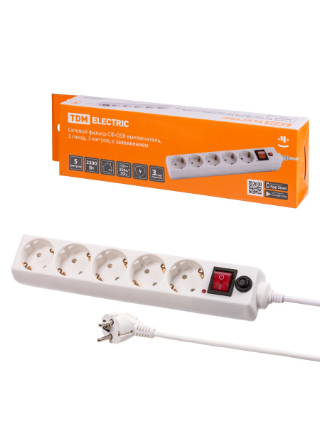TDM Сетевой фильтр СФ-05В выключатель, 5 гнезд, 5 метров, с/з, ПВС 3х0,75мм2 10А/250В белый SQ1304-0018