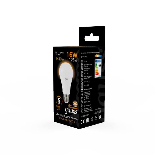 Купить Gauss Лампа A60 16W 1440lm 3000K E27 LED 102502116