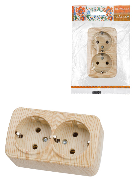 TDM Розетка двойная 2П+3 открытой установки IP20 16А, сосна "Дача" Народная SQ1824-0040