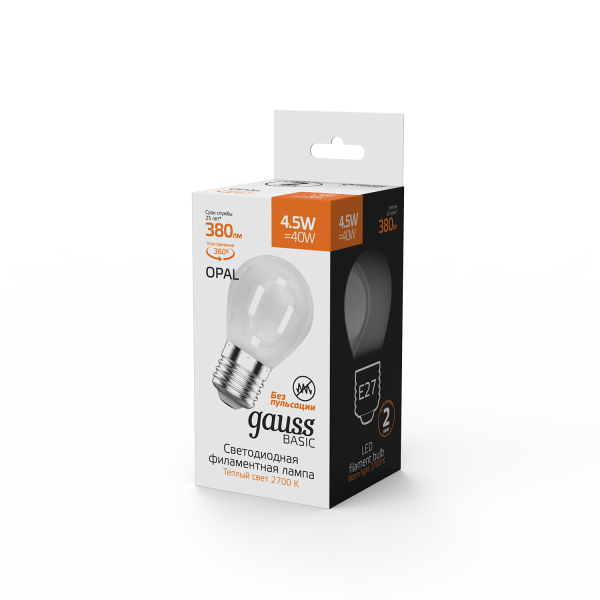 Купить Gauss Лампа Basic Filament Шар 4,5W 380lm 2700К Е27 milky LED 1055215