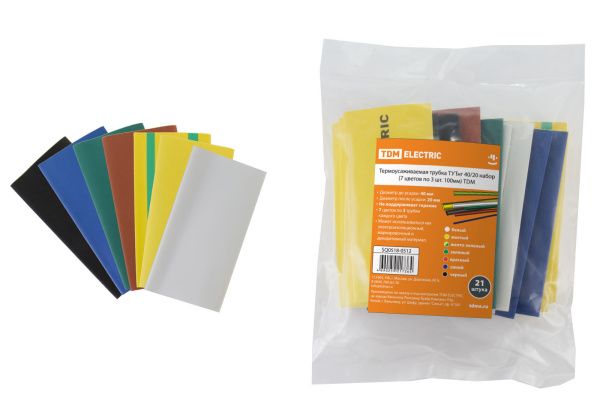 TDM Термоусаживаемая трубка ТУТнг 40/20 набор (7 цветов по 3 шт. 100мм) SQ0518-0512