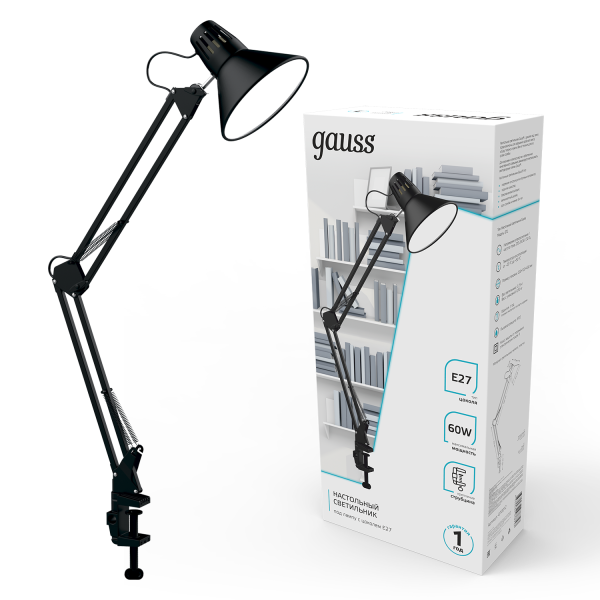 Купить Gauss Светильник настольный модель GTL001 60W 220-240V E27 черный струбцина 1/16 GT0012