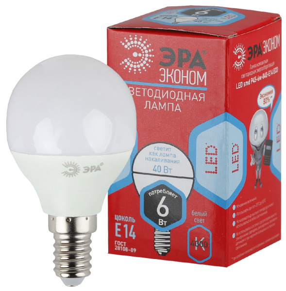 ЭРА ECO LED P45-6W-840-E14 (диод, шар, 6Вт, нейтр, E14)