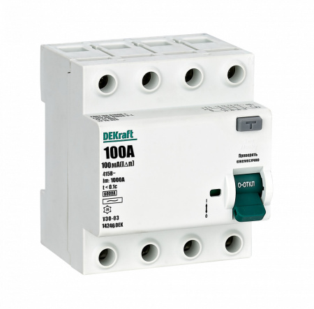 Dekraft ВДТ 4P 100A 100мА тип AC 6кА УЗО-03