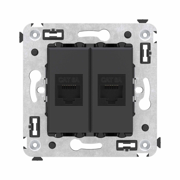 DKC Компьютерная розетка RJ-45 без шторки в стену, кат.6А двойная, "Avanti", "Черный матовый"