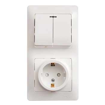 Systeme Electric Glossa Бел Блок: розетка с/з со шторками и 2-кл. выключатель с подсветкой