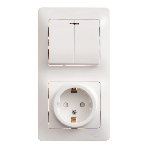 Systeme Electric Glossa Бел Блок: розетка с/з со шторками и 2-кл. выключатель с подсветкой