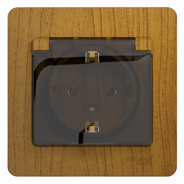 Systeme Electric Glossa Дерево Дуб Розетка с/з со шторками с крышкой, IP20 (в сборе с рамкой)