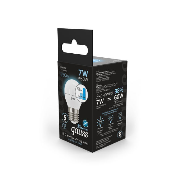 Купить Gauss Лампа Шар 7W 550lm 4100K Е27 шаг. диммирование LED 105102207-S