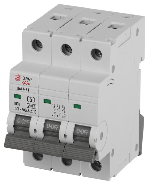Автоматический выключатель ЭРА PRO VA63-3P50C4.5 ВА47-63 3P 50А кривая C 4,5кА