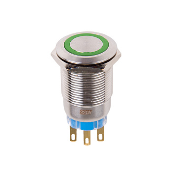 Кнопка антивандальная Ø19 12В Б/Фикс (5с) (ON)-OFF/(OFF)-ON зеленая Rexant 36-3433