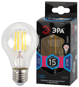 ЭРА F-LED A60-15W-840-E27 (филамент, груша, 15Вт, тепл, Е27)