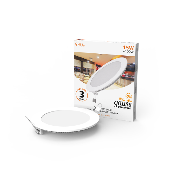Купить Gauss Светильник Slim круг 15W 990lm 3000K 180-265V IP20 монтаж Ø155 170*22 LED 939111115