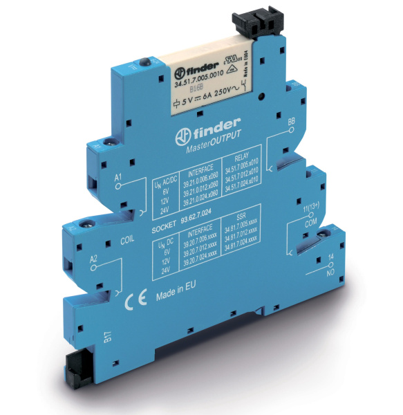 Finder Интерфейсный модуль (сборка 34.51.7.005.0010 + 93.62.7.024), электромеханическое реле, серия MasterOUTPUT; 1NO 6A; контакты AgNi; питание 6В AC 392100060060