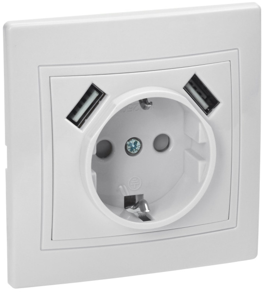 IEK KVARTA Роз. 1ая с з/к РЮш10-1-КБ 16А USBх2 2,1А бел.