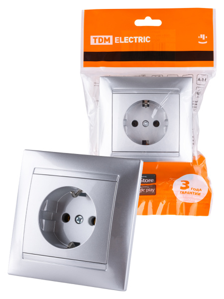 TDM Розетка 2П+З 16А 250В серебр. металлик "Лама" SQ1815-0223