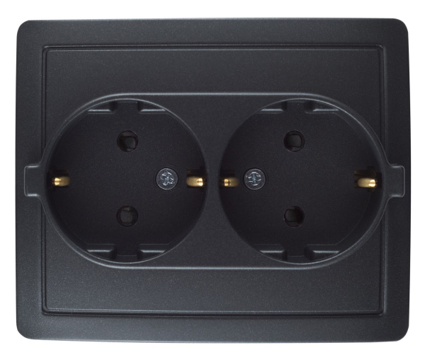 Simon 15 Графит Розетка двойная с заземлением 2х2Р+Е, с защитными шторками,винт.зажим,16А, 250В 1590451-038