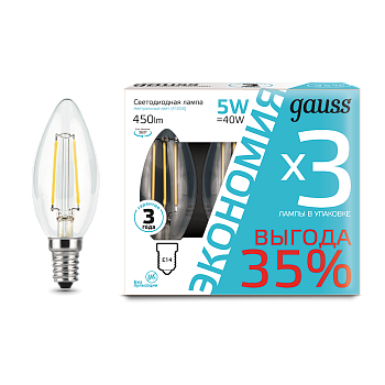 Gauss Лампа Filament Свеча 5W 450lm 4100К Е14 (3 лампы в упаковке) LED 103801205T