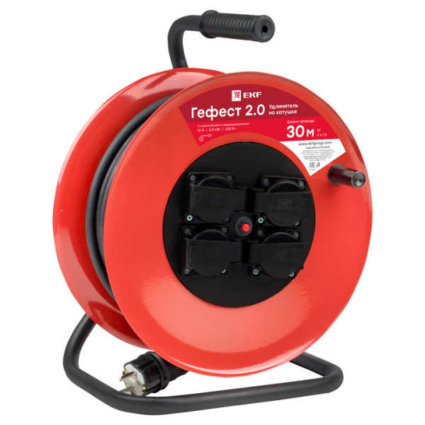 EKF PROxima Удлинитель на катушке "Гефест 2.0" 4 гнезда 40м с заземлением и предохранителем КГ 3*2,5 16А/3,5кВт IP44