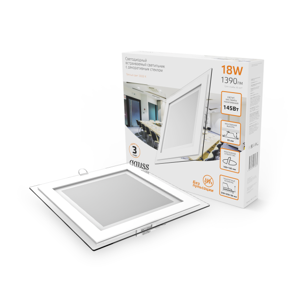 Купить Gauss Светильник Glass кв 18W 1390lm 3000K 220-240V IP20 монт Ø155х155 200*200*30 с дек стек LED 948111118