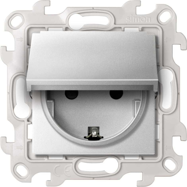 Simon 24 Алюминий Розетка IP44 с крышкой, заземлением и шторками Schuko 2Р+Е 16A 250В~ 2450448-033