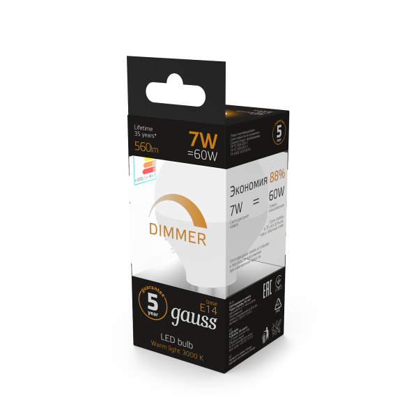 Купить Gauss Лампа LED Шар-dim E14 7W 560lm 3000К диммируемая 105101107-D