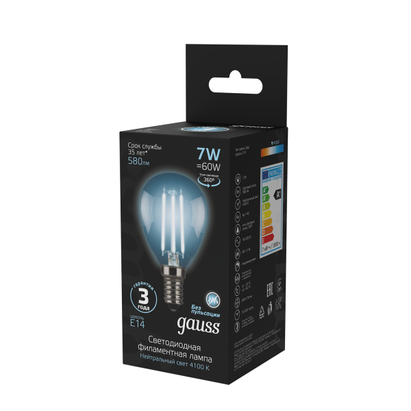 Купить Gauss Лампа Filament Шар 7W 580lm 4100К Е14 LED 105801207