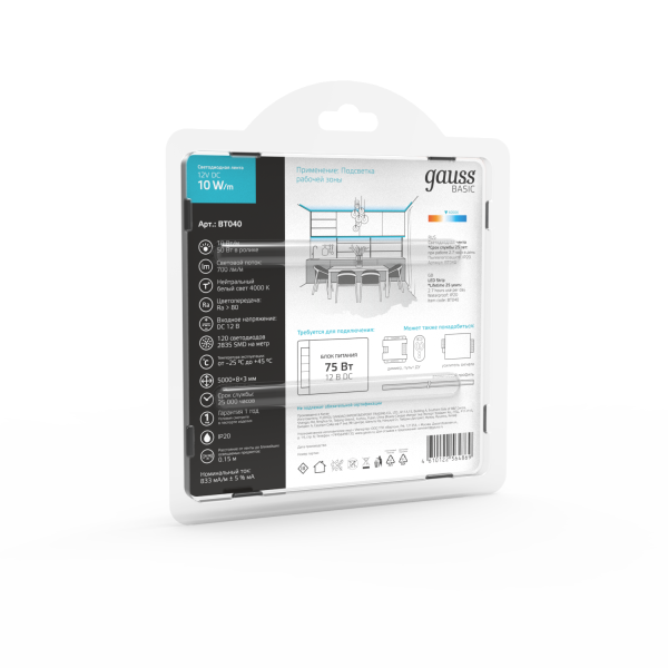 Купить Gauss Лента Basic 12V 10W/m 700lm/m 4000K IP20 LED 5m 1/100 BT040