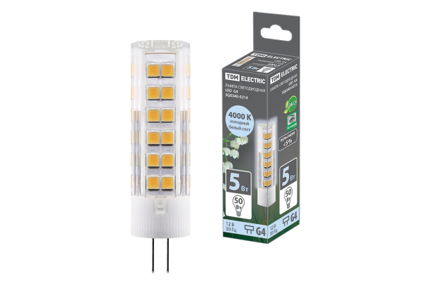 TDM Лампа светодиодная G4-5 Вт-AC/DC 12 В-4000 К, SMD, 16x57 мм SQ0340-0214