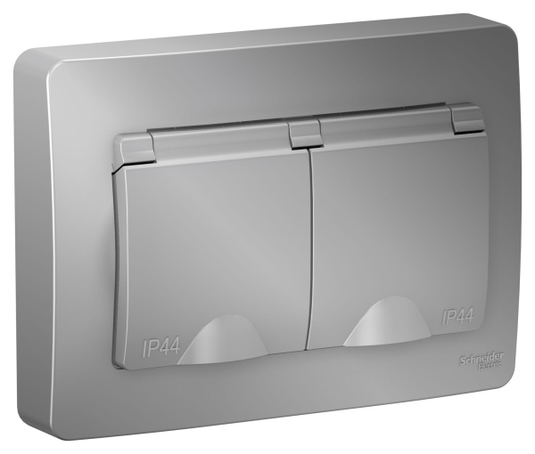 Купить Systeme Electric Blanca внутр Алюминий Розетка 2-ая с/з IP44 со шторками, 16А, 250В