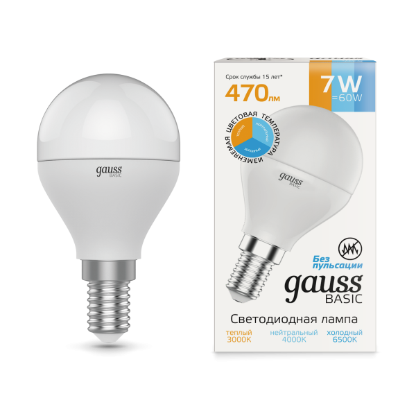 Купить Gauss Лампа Basic Шар 7W 470lm 3000K-4000K-6500K Е14 изм.цвет.темп. LED 1053147