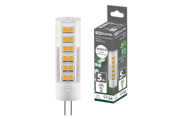 TDM Лампа светодиодная G4-5 Вт-AC/DC 12 В-6500 К, SMD, 16x57 мм SQ0340-0215