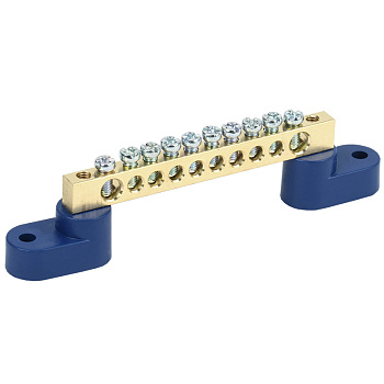 Шина «N» нулевая 6х9 мм на двух угловых синих изоляторах 10 групп Rexant 11-2327