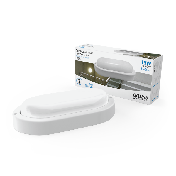 Купить Gauss Светильник ЖКХ Elementary овал 15W 1200lm 6500K 160-260V IP65 200*98*46мм белый LED 161411315