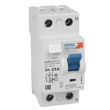 КЭАЗ ВДТ без защиты от сверхтоков OptiDin DМ63-2225-AС-УХЛ4 (2P, 25, 30mA)