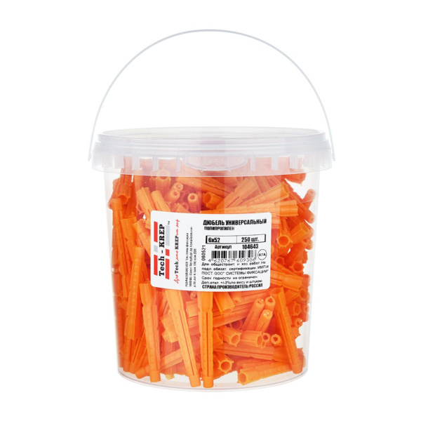 Tech-Krep Дюбель универсальный 6х52 (полипропилен) (250 шт) - ведро 104643