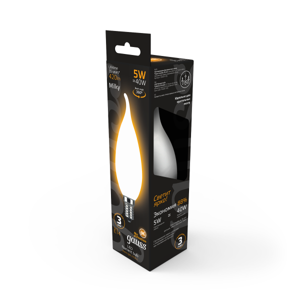 Купить Gauss Лампа Filament Свеча на ветру 5W 420lm 2700К Е14 milky LED 104201105