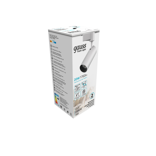 Купить Gauss Светильник трековый цилиндр 20W 1760lm 4000K 180-220V IP20 65*206мм белый линза 36º LED TR083