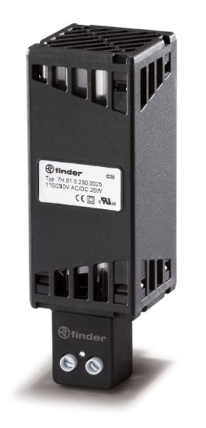 Finder Щитовые электронагреватели; электропитание 110…250В AC/DC; тепловая мощность 25Вт; установка на рейку 35мм; степень защиты IP20 7H5102300025