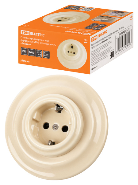 TDM Розетка скрытой установки фарфоровая 2П+З 16А 250В сл. кость «Болонь» SQ1820-0322