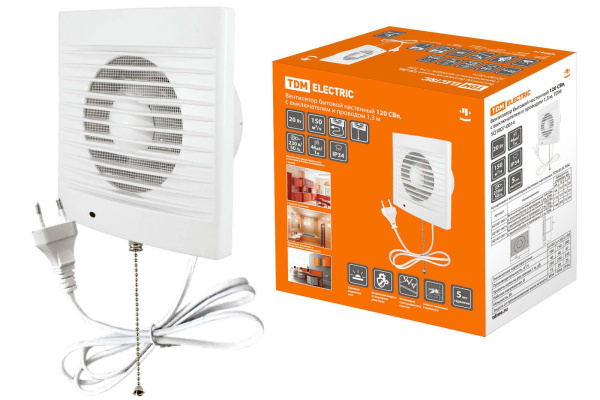 TDM Вентилятор бытовой настенный 120 СВп, с выключателем и проводом 1,3 м, SQ1807-0014