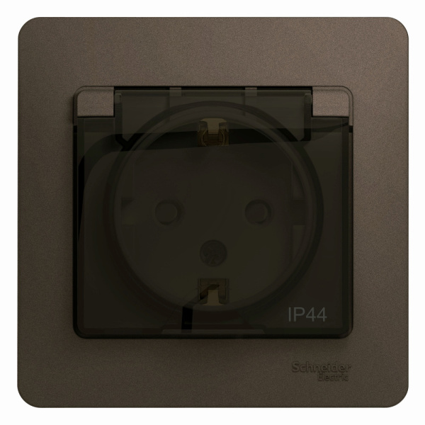 Systeme Electric Glossa Шоколад Розетка с/з со шторками с крышкой, 16А, IP44 (в сборе)