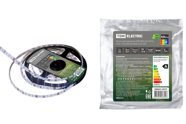 TDM Лента светодиодная SMD2835-60 LED/м-IP20-12 В-4,8 Вт/м-RGB (5 м) SQ0331-0375