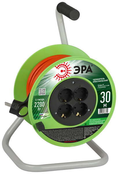ЭРА Удлинитель силовой RP-4e-3х1.0-30m на пластиковой катушке c заземлением 4 розетки 30м ПВС 3х1мм2