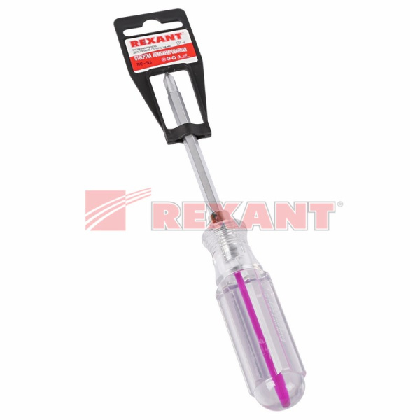 Купить Отвёртка комбинированная, прозрачная рукоятка, двухсторонний стержень 120 мм ( Крестовая PH2 , Шлицевая SL 6 мм) Rexant 12-4742