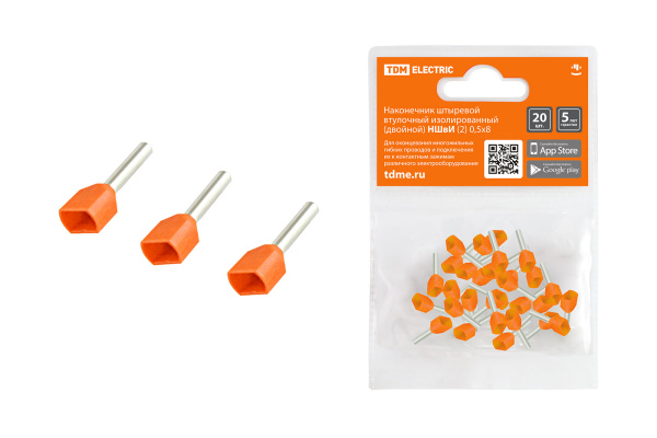 TDM Наконечник штыревой втулочный изолированный (двойной) НШвИ (2) 0,5×8 (20шт) SQ0568-0047