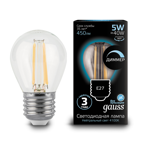 Купить Gauss Лампа Filament Шар 5W 450lm 4100К Е27 диммируемая LED 105802205-D