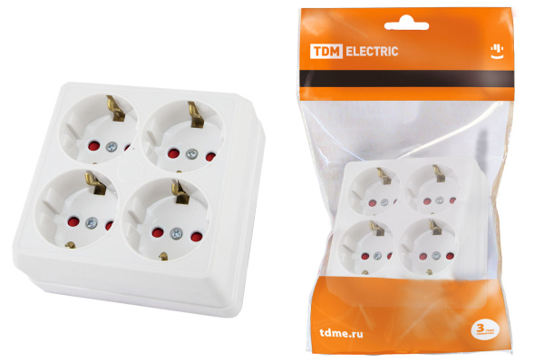 TDM Розетка четырехместная 2П+3 открытой установки IP20 16A с защитными шторками белая "Ладога" SQ1801-0123