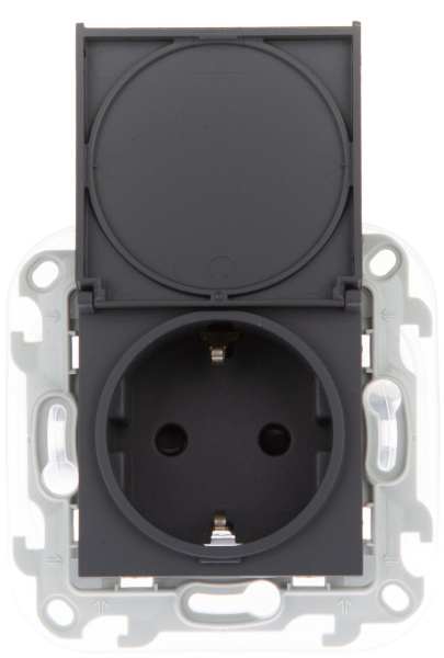 Simon 24 Графит Розетка 2К+3 IP44 с крышкой и защитными шторками Push&Go 2420448-038