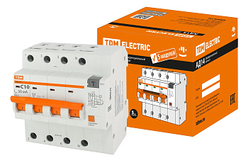 TDM Диф.автомат АД14 4P, C10, 30мА, 4,5кА, тип АС, 5 мод, SQ0204-0128